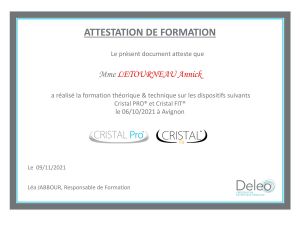 Certificat de formation deleo cristal pro cristal fit Mme Letourneau Annick
