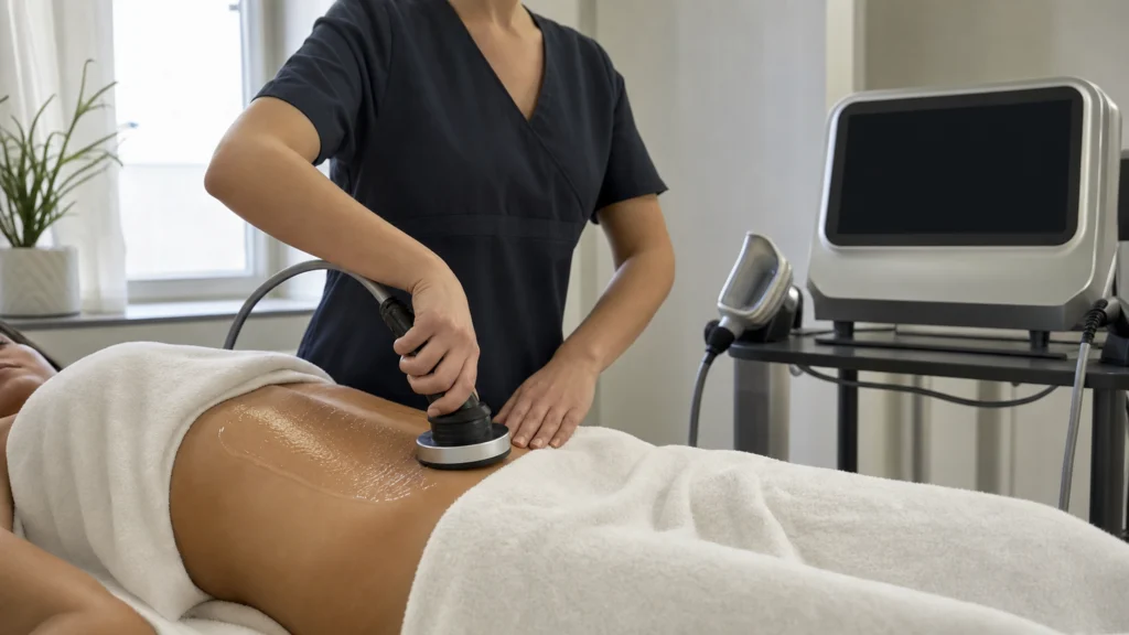 Séance de radiofréquence avec applicateur de cryolipolyse rangé sur un chariot
