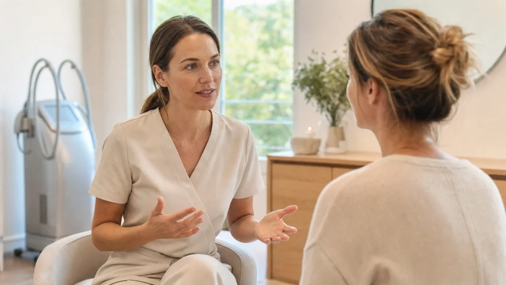 Consultation entre une praticienne et une patiente dans un cabinet médico-esthétique à Avignon