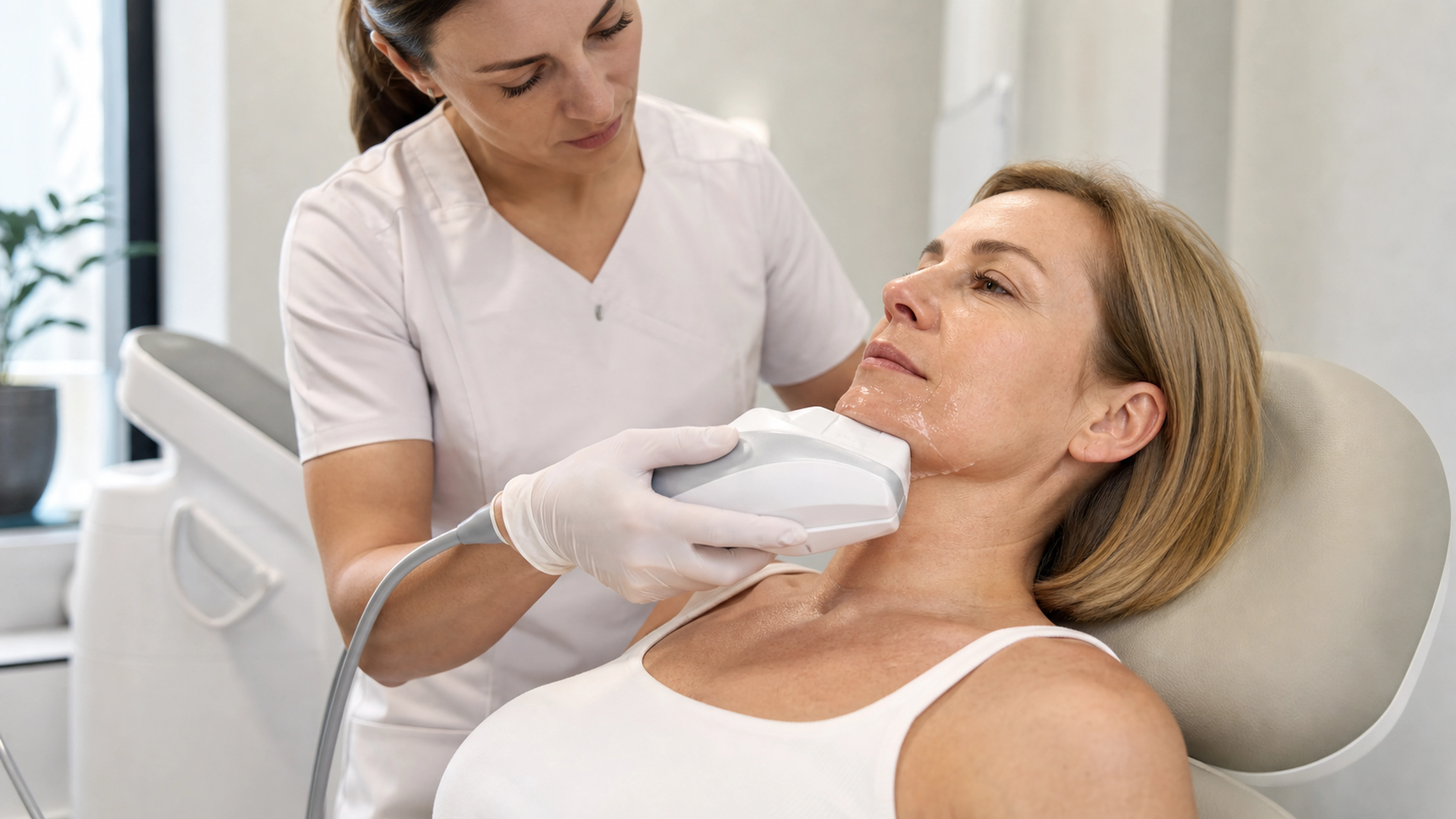 Application d’une pièce à main HIFU sur l’ovale du visage d’une patiente