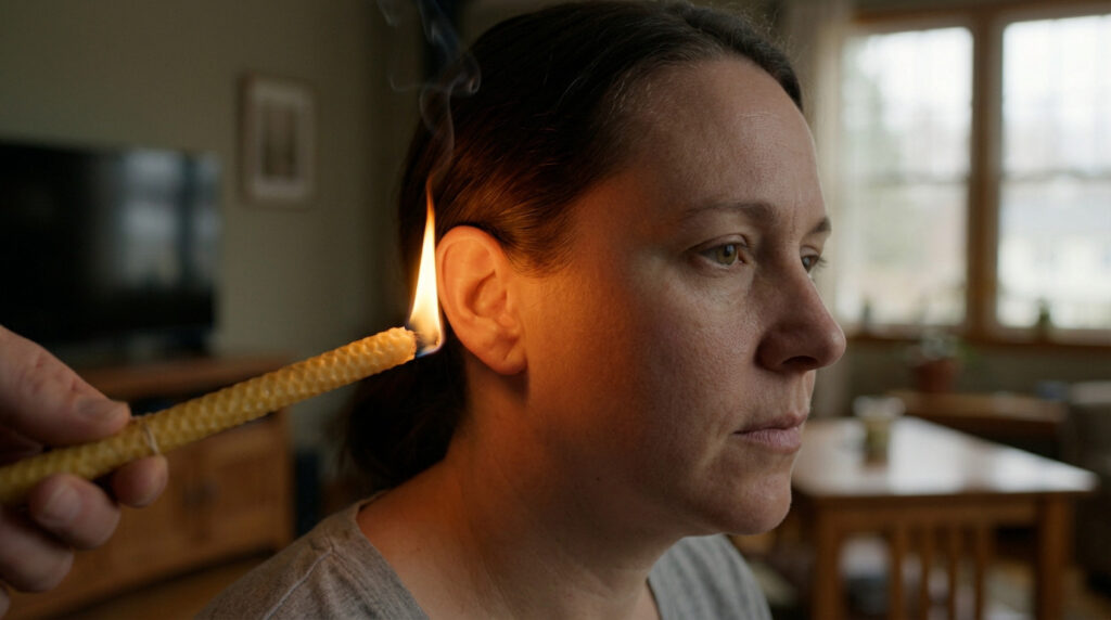 A lit ear candle is held precariously close to a woman's ear, emphasizing the visible flame, smoke, and potential danger.