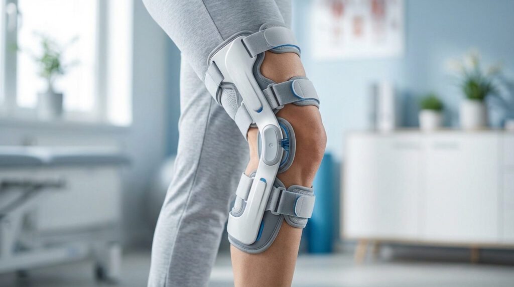 Close-up of a leg with a modern, sleek knee orthosis supporting the knee joint in a bright medical rehabilitation room.