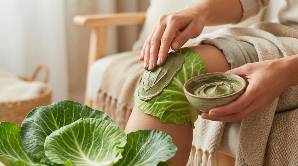 Hands gently apply green clay paste onto a cabbage leaf covering a knee, beside a bowl of paste and fresh cabbage leaves, for natural relief.