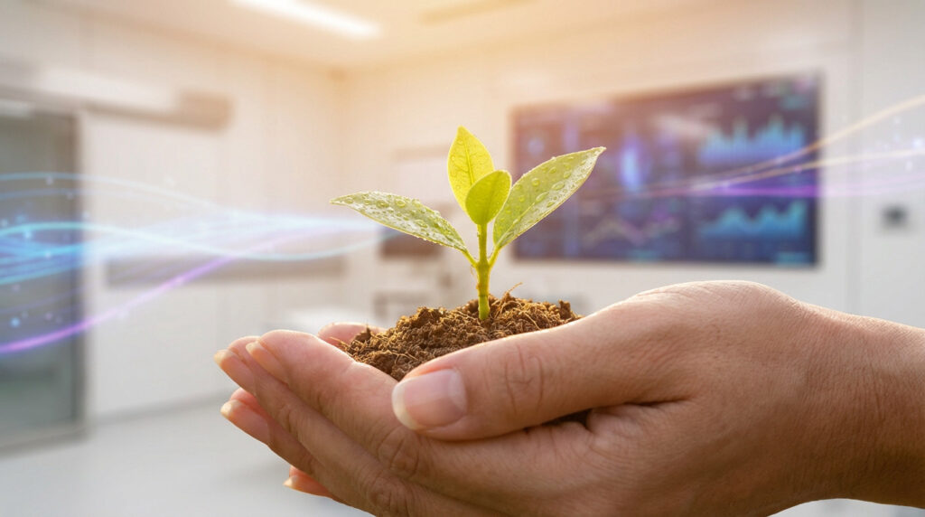 Hands gently cup a vibrant, dewy green plant sprout. Blurred modern medical lab background with glowing digital data streams.