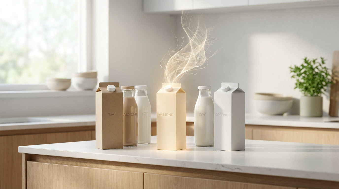 Plant-based milks (oat, almond, soy, coconut) on a modern counter. Glowing fibers from an almond carton symbolize its natural content.