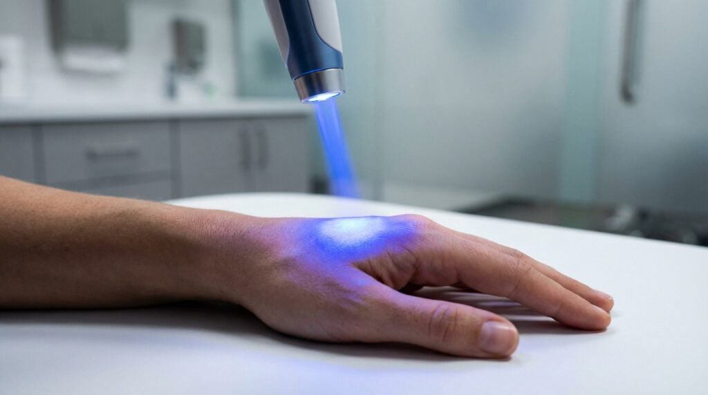 A hand receives focused blue light therapy from a device in a modern, blurred medical setting. The skin glows blue, highlighting a therapeutic treatment.