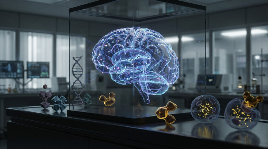 Glowing brain in a lab, surrounded by DNA, molecular structures, and cells showing toxic accumulation, illustrating Sandhoff disease.