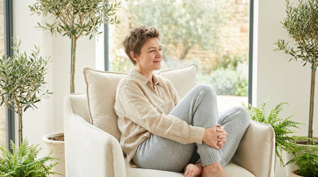 Gender-neutral individual smiling gently, sitting relaxed in a bright room with indoor plants and large windows.
