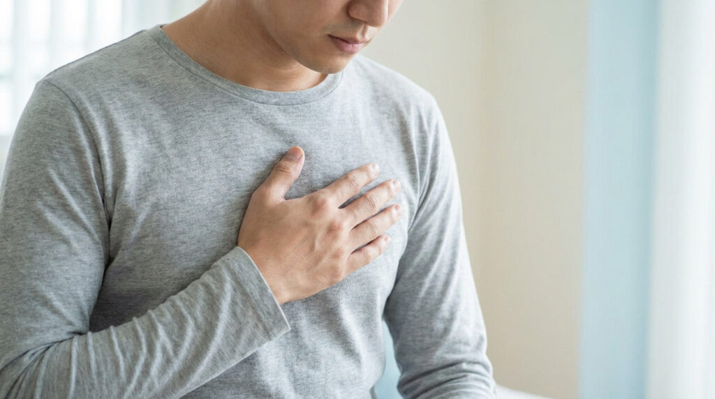 A man gently places his hand on his upper chest, indicating discomfort or inflammation, representing symptoms of Tietze syndrome.