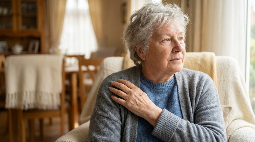 Older woman with grey hair, hand on arm, thoughtful expression, conveying subtle discomfort in a warm, naturally lit room.