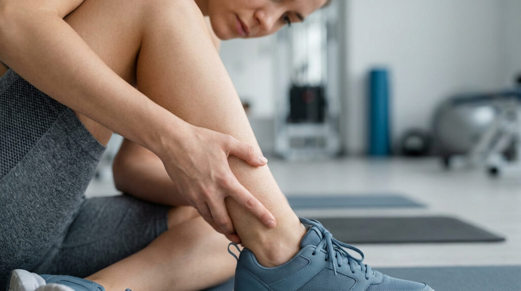 Close-up of a person's lower leg and hand touching the outer ankle in a gym, suggesting discomfort or self-assessment.