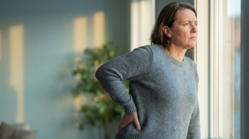 Mid-age person looks thoughtfully out a window, hand on lower back, hinting at discomfort in a calm, warm-lit room.