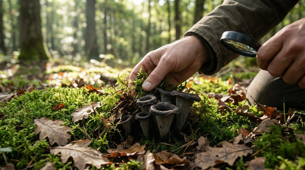 Close-up of a hand with a magnifying glass carefully examining dark trumpet mushrooms (Craterellus cornucopioides) on a mossy forest floor.