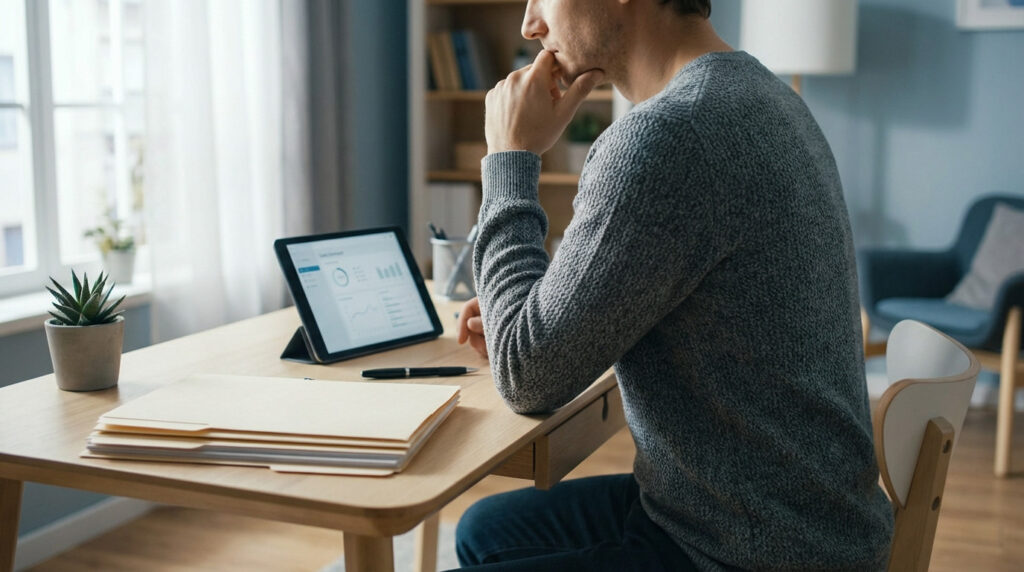 Adult figure working thoughtfully at a modern desk with a tablet, documents, and plant. Soft natural light fills the bright, organized room.