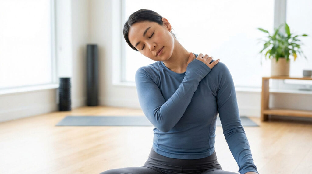 Young woman in blue activewear performing a gentle neck and shoulder stretch, eyes closed, hand on shoulder, in a bright, serene room.