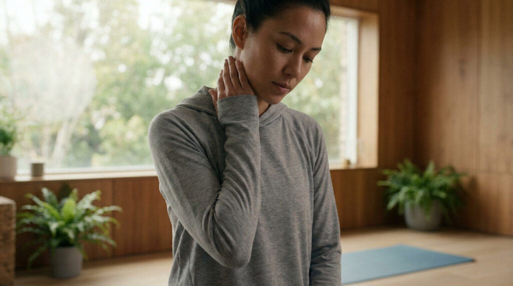 Person in grey activewear gently touches neck in serene, naturally lit wellness space, highlighting cervical health and balance.