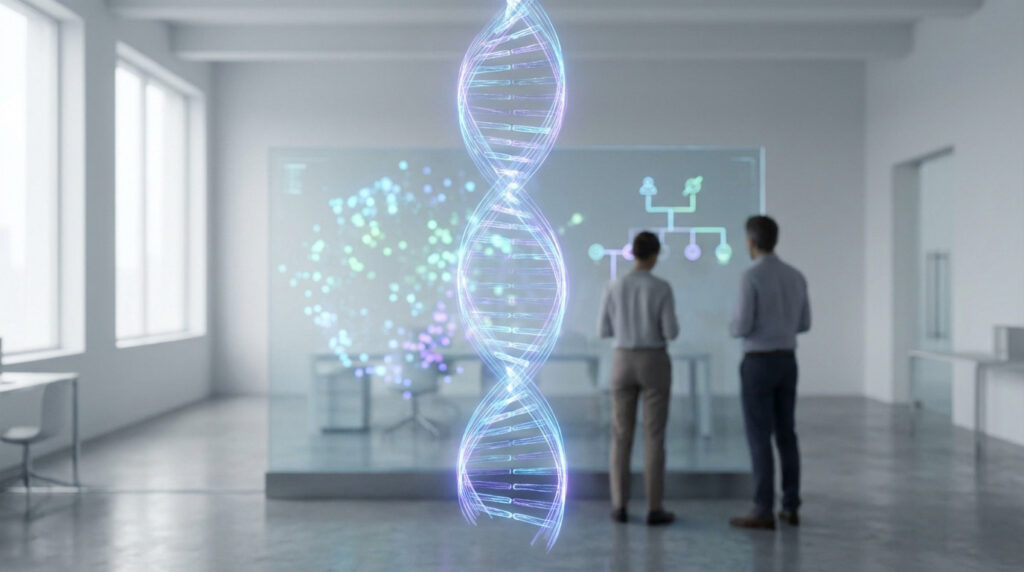 A glowing DNA double helix in a modern room, with two blurred figures examining a transparent screen displaying genetic data and a family tree.