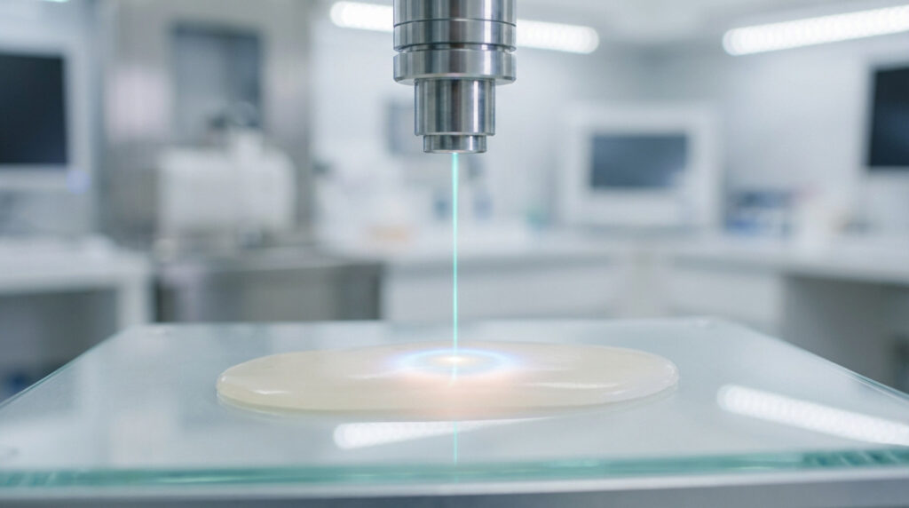 Close-up of a gentle blue-green medical laser beam focused on a smooth, glowing, skin-like surface in a sterile lab, symbolizing healing.