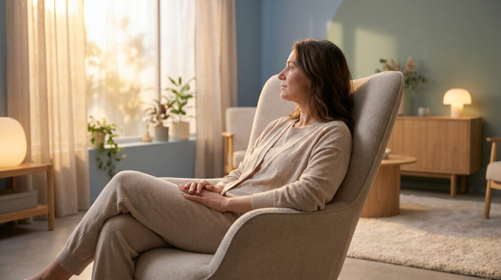 A woman sits calmly in a modern, softly lit wellness room, bathed in warm sunlight. Her hands are clasped, conveying peace and relief.