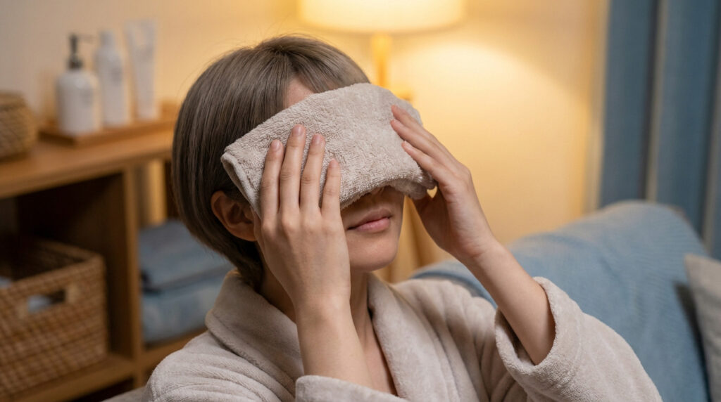 A person in a bathrobe gently holds a warm compress over their closed eyes, bathed in soft, golden light, for soothing eye relief.