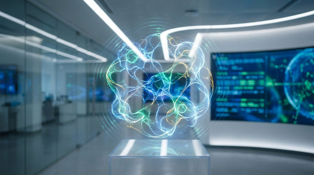 Projection holographique bleue-verte d'une structure complexe sur socle dans labo futuriste avec écrans de données.
