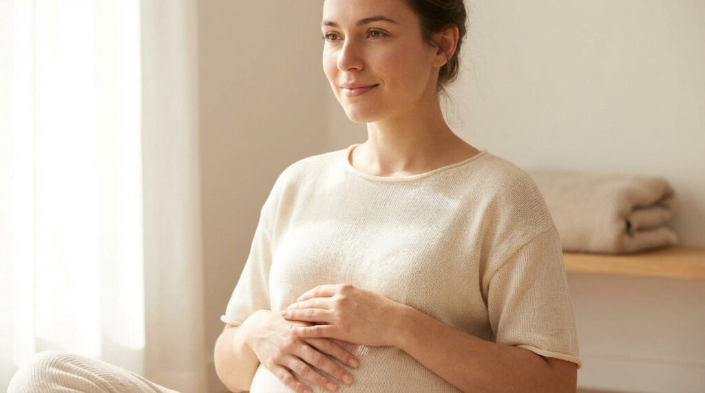 Jeune femme souriante, mains sur le ventre, regardant la lumière du jour. Elle porte un pull beige, évoquant le calme et le confort.