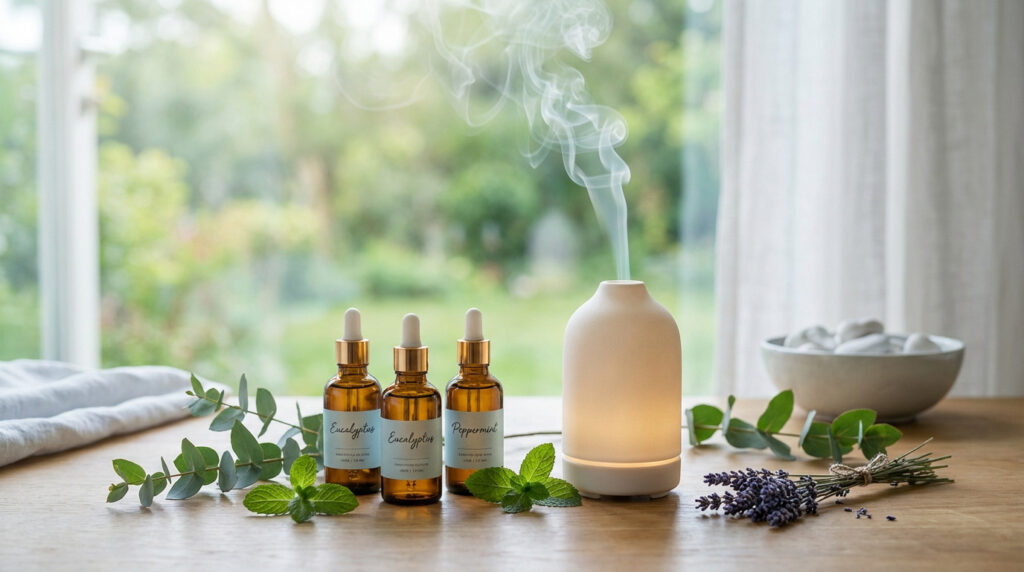 Diffuseur d'huiles essentielles, flacons d'eucalyptus et menthe poivrée, herbes fraîches sur table en bois devant fenêtre lumineuse.