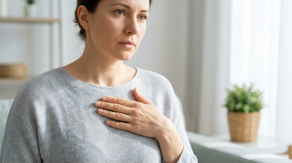 Une femme soucieuse regarde au loin, sa main gauche posée sur sa poitrine, suggérant une gêne, une douleur ou une autopalpation.