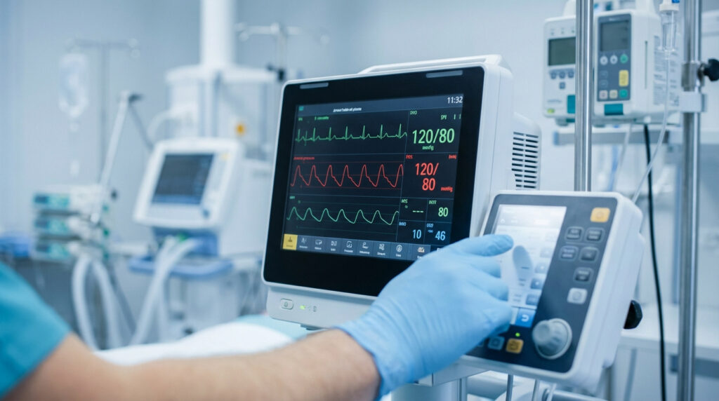 Moniteur médical affichant ECG, pression artérielle 120/80 et autres signes vitaux. Une main gantée ajuste les réglages en réanimation.