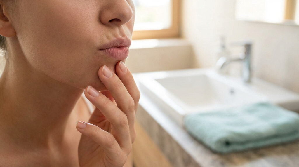 Gros plan sur le visage et la main d'une femme pensive, touchant son menton, dans une salle de bain floue, évoquant une réflexion sur la santé.