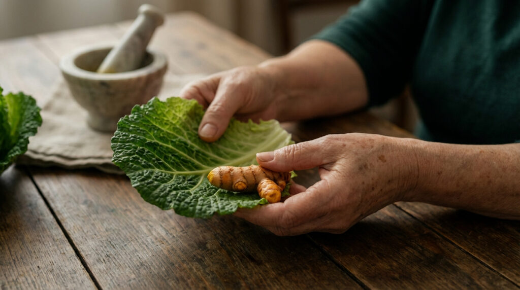 Mains âgées présentant du curcuma sur une feuille de chou frisé, près d'un mortier. Évoque les remèdes naturels.