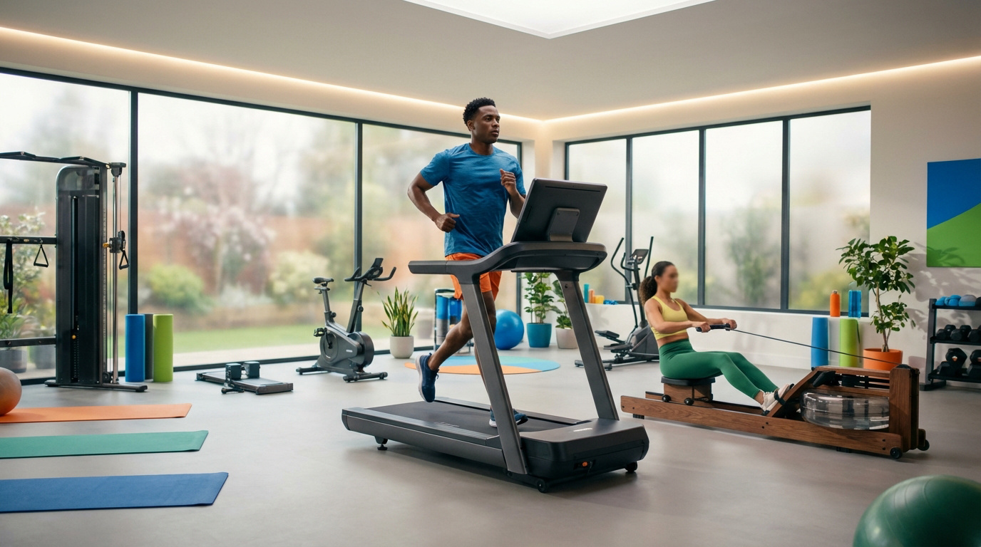 Un homme court sur un tapis de course, une femme utilise un rameur dans une salle de sport lumineuse avec vue sur jardin.
