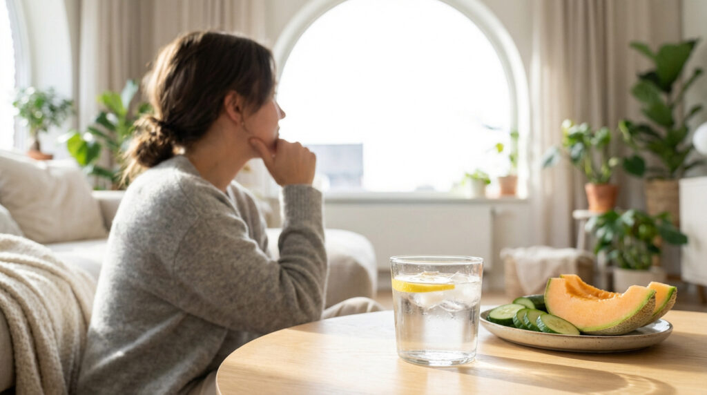 Femme réfléchissant devant une fenêtre avec un verre d'eau citronnée et des fruits hydratants sur une table en bois.