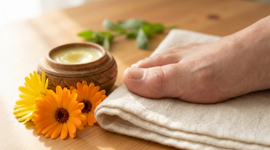 Pied avec orteil présentant des crevasses, pot de crème au calendula, fleurs de souci et feuilles vertes. Soin réparateur.