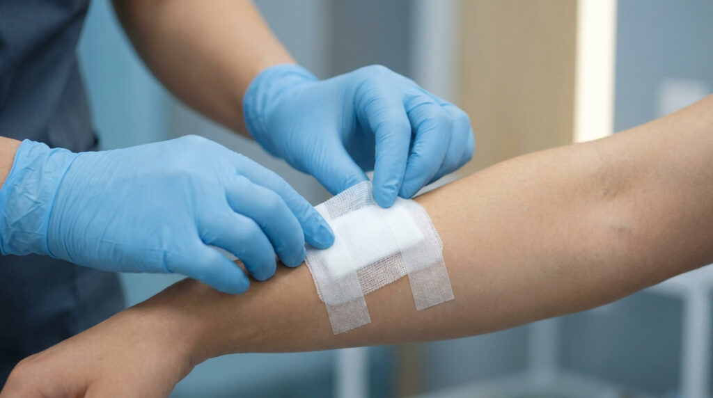 Des mains gantées appliquent un pansement sur le bras d'un patient, illustrant le soin post-ablation de drainage.