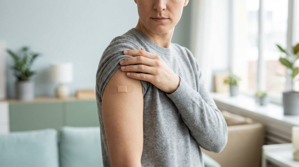 Une personne, le visage partiellement visible, tient son bras avec un pansement après une vaccination.