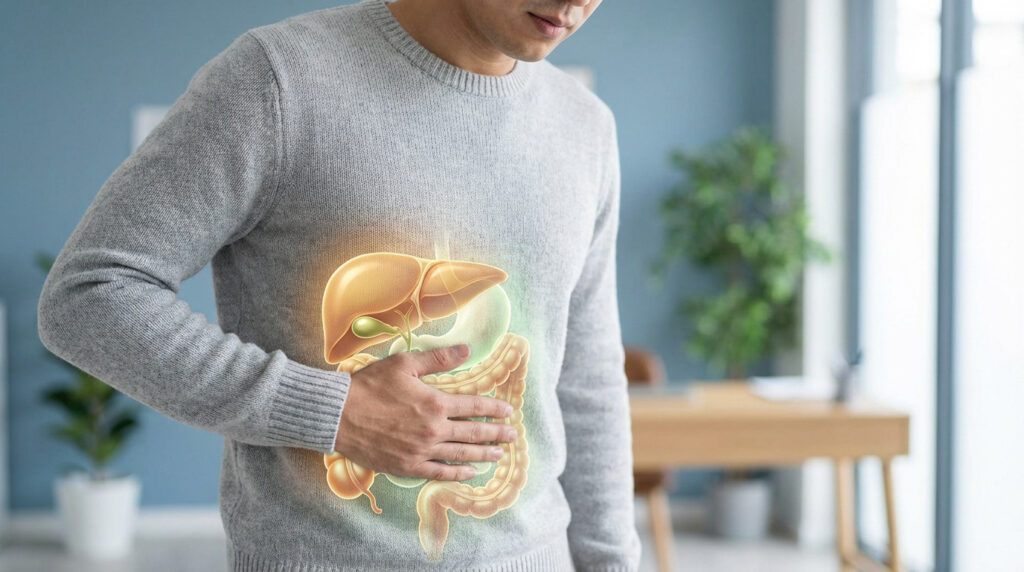 Homme tenant son côté droit de l'abdomen, avec superposition d'organes lumineux (foie, vésicule biliaire, intestin).