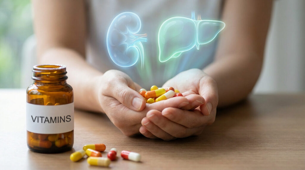 Image symbolique des risques de surdosage de vitamines : des mains tiennent des gélules, surmontées d'un rein et d'un foie lumineux.