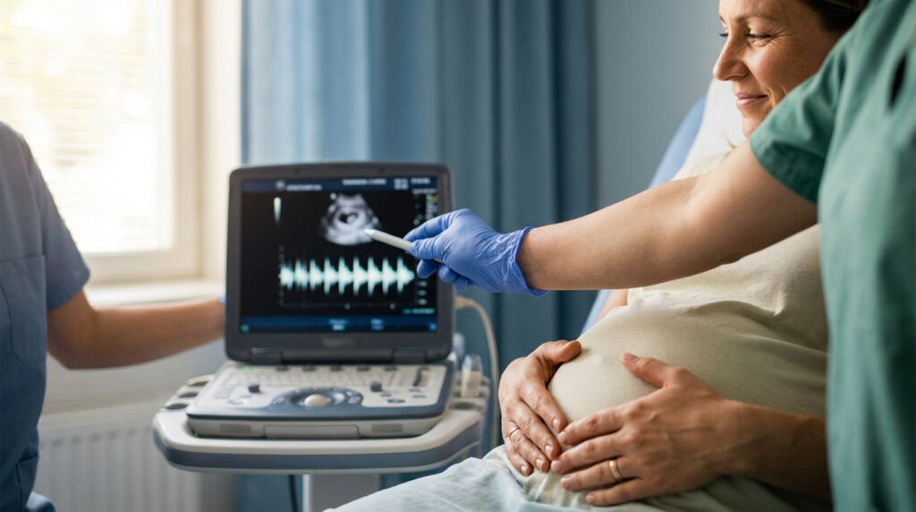 Une femme enceinte souriante regarde l'écran d'échographie où un professionnel montre le fœtus.
