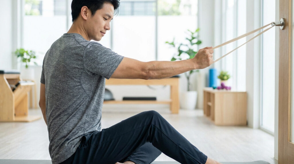 Un homme fait un exercice de rééducation pour le coude avec une bande élastique, assis sur un tapis de yoga dans une pièce lumineuse.