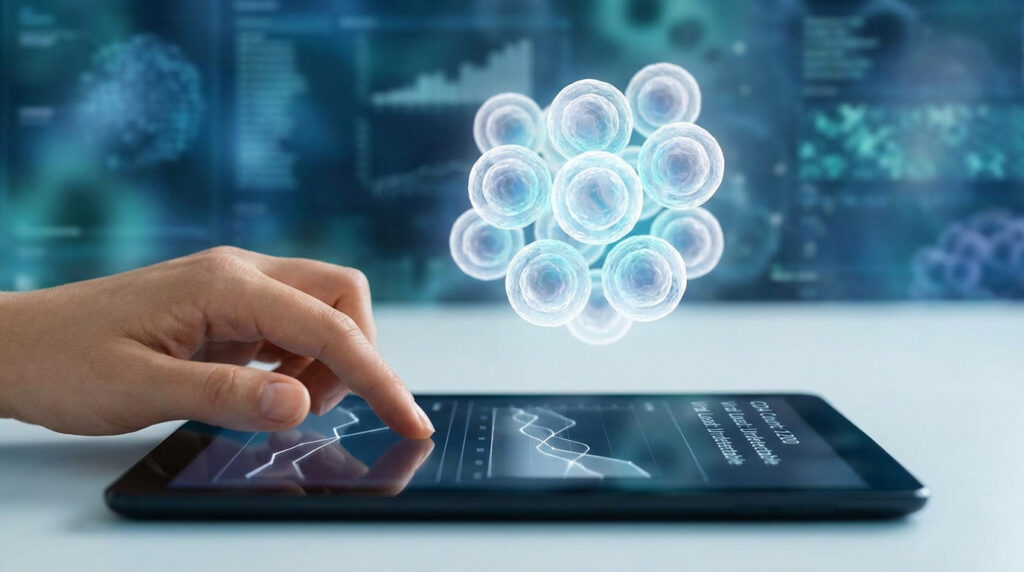 Main interagissant avec tablette affichant résultats VIH (charge virale indétectable, CD4 élevé) et cellules 3D.