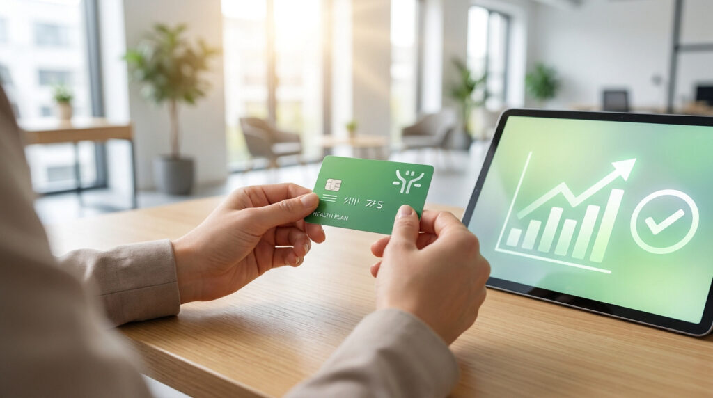 Une personne tient une carte verte « HEALTH PLAN » devant une tablette affichant des graphiques de progression et un coche vert.