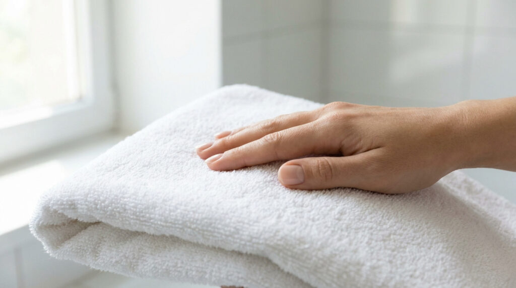 Une main caresse une serviette de bain blanche et douce, dans une pièce lumineuse, évoquant l'hygiène et le confort pour un soin délicat.