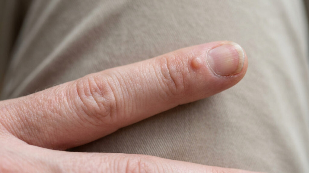 Gros plan d'un doigt montrant un petit kyste cutané sur la phalange distale, juste avant l'ongle. La peau est nette.
