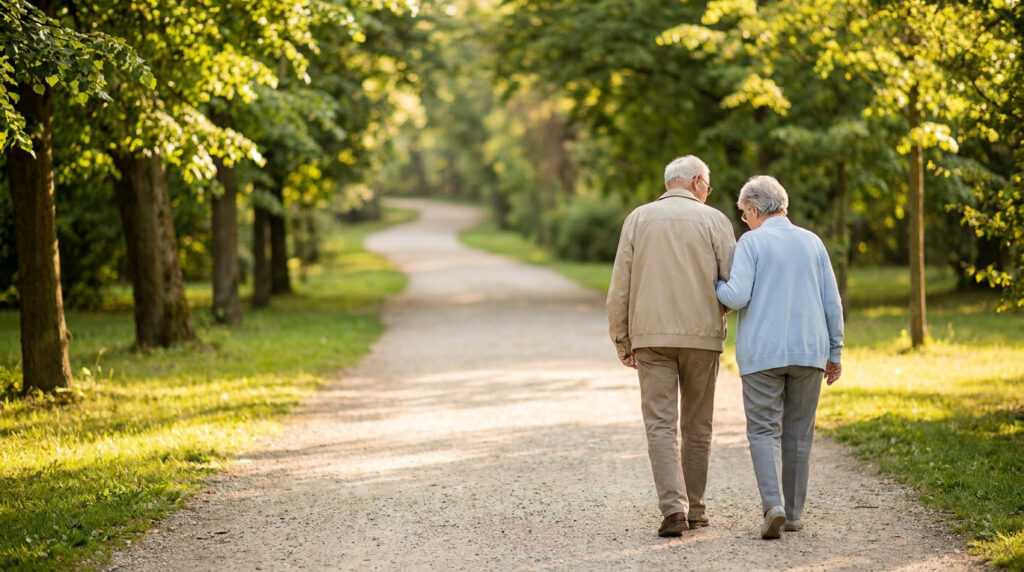 Un couple âgé marche bras dessus bras dessous sur un sentier boisé et ensoleillé. Symbole de soutien face aux défis de Parkinson.