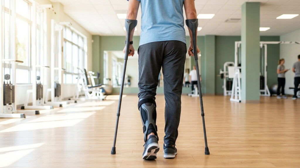 Personne de dos en rééducation, marchant avec béquilles et attelle à la jambe droite dans une salle de sport lumineuse.