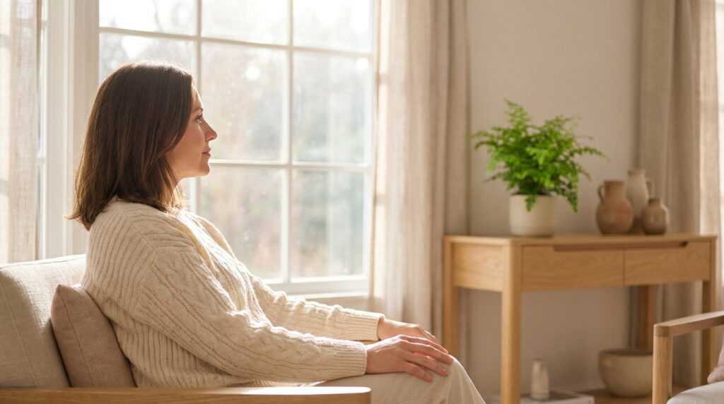 Femme pensive en pull crème assise près d'une fenêtre lumineuse, dans un intérieur clair et apaisant. Une plante verte et des vases.