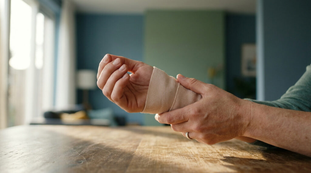 Gros plan sur une personne tenant un poignet bandé sur une table en bois, la lumière du soleil éclaire la scène.