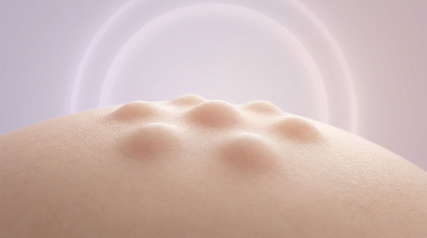 Gros plan sur une surface de peau claire présentant plusieurs petites bosses arrondies, les tubercules de Montgomery.
