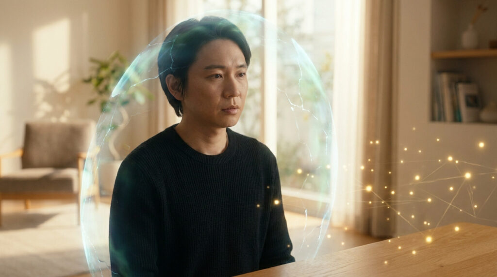 Un homme est entouré d'un bouclier lumineux symbolisant la protection du système immunitaire dans un intérieur calme.